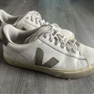 Veja White Leather Low-Top Sneakers with Taupe V Logo